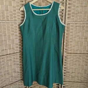 Vtg Green‎ Sleeveless Shift Dress Checkered Trim Retro Mod Twee Academia Preppy